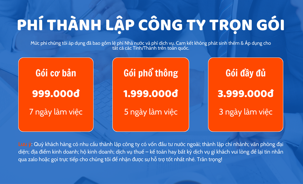 Bảng giá thành lập công ty trọn gói